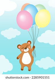 A cute bear flying up to the sky with a bunch of colorful balloons, a childish birthday card