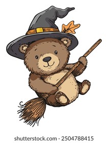 Cute Bear Flying with Witch Hat and Broomstick - Adorable Halloween Illustration