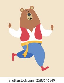 A cute bear in a folk costume dances a folk dance. Teddy bear dancer. Color illustration in flat style on a beige background. Vector illustration