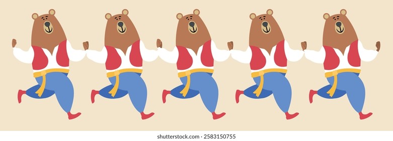 A cute bear in a folk costume dances a folk dance. Teddy bear dancer. Color illustration in flat style on a beige background. Vector illustration