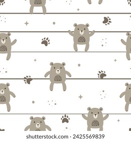 Cute bear and footprint pattern on stripe background. Cartoon animal background. Design for wallpaper, wrapping paper, print design, kids apparel, clothes. Vector illustration