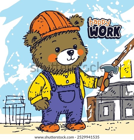 cute bear the foreman is making a home and holding a hammer, vector illustration