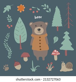 Cute Bear in forest. Cartoon Animal in Woodland with trees and plants. Vector illustration.