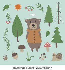 Cute Bear in forest. Cartoon Animal in Woodland with trees and plants. Vector illustration.