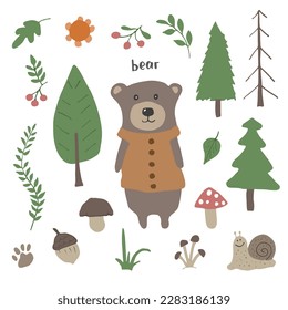 Oso lindo en el bosque. Caricatura Animal en Woodland con árboles y plantas. Ilustración vectorial.