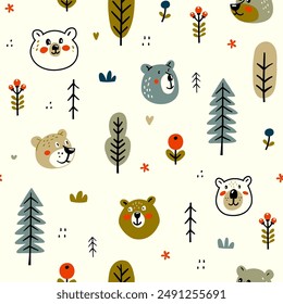 Cute Bear Forest cartoon Pattern. Cheerful, Scandinavian, and hygge design with trees and flowers. Adorable Seamless Vector Illustration with Woodland Animals, perfect for kids nursery decor.