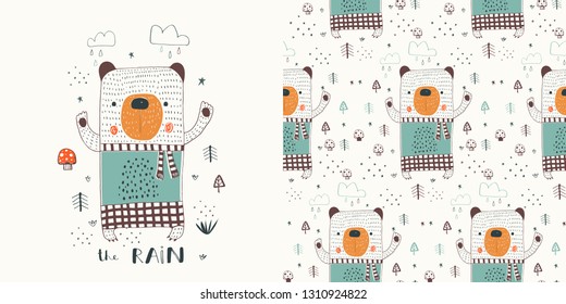 Cute bear in the forest hand drawn color character.  Scandinavian illustration.  poster with seamless pattern.Can be used for t-shirt print, kids wear fashion design, invitation card. - Vector