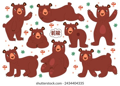 Cute bear forest wild animal cartoon characters standing and sitting in different funny poses isolated set. Adorable grizzly kawaii mascot with comic face positive expression vector illustration