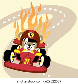 Cute bear in formula one racing, vector cartoon illustration