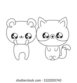 cute bear with fox baby animals kawaii style vector illustration design