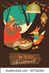 Cute bear and fox celebrating Christmas in den