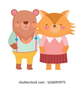 cute bear and fox with clothes cartoon on white background vector illustration