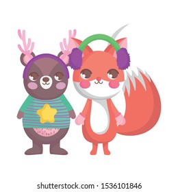 cute bear and fox with ear muffs merry christmas vector illustration