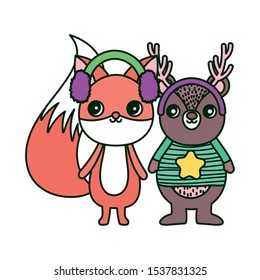 cute bear and fox with ear muffs merry christmas vector illustration