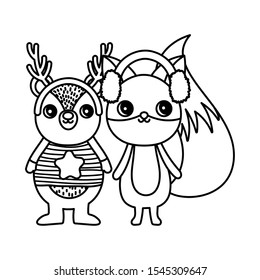 cute bear and fox with ear muffs merry christmas vector illustration thick line