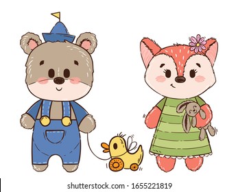 Cute bear and fox in hand drawn style. Little vintage characters for children's books, fairy tales, wallpapers, print, textile, fabric, cotton, poster, children. Vector illustration.