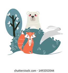 Cute bear, fox, hare and rabbit on a background of plants. Hand drawn illustration in scandinavian style.