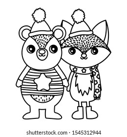 cute bear and fox with hat and scarf merry christmas vector illustration thick line