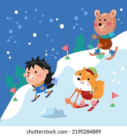 Cute bear and fox, hedgehog in cartoon style. Forest animals on skis. Funny characters on the mountain in winter. Vector illustration.