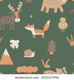 Cute bear fox hedgehog deer forest animals tree mushroom cute woodland animals design for kids market as vector
