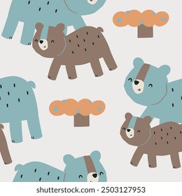 Cute bear fox hedgehog deer forest animals tree mushroom cute woodland animals design for kids market as vector
