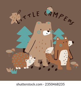 Cute bear fox hedgehog forest animals tree mushroom cute woodland animals design for kids market as vector
