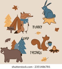 Cute bear fox squirrel
 camping wood fire forest animals tree mushroom cute woodland animals design for kids market as vector
