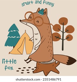 Cute bear fox squirrel
 camping wood fire forest animals tree mushroom cute woodland animals design for kids market as vector
