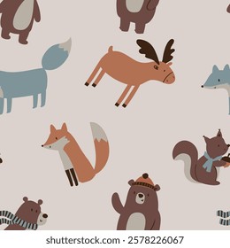 Cute bear, fox , squirrel,  forest animals tree mushroom cute woodland animals design for kids market as vector