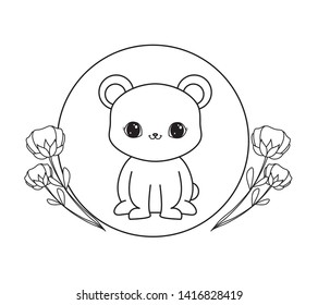 cute bear in frame circular with flowers