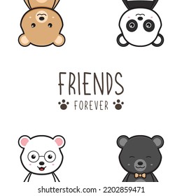 Cute bear friends forever doodle banner background wallpaper icon cartoon illustration design isolated flat cartoon style