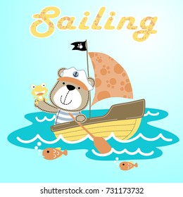 Cute bear with frog on sailboat with fishes, vector cartoon illustration