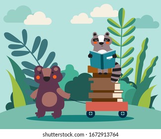 Cute bear and funny raccoon with books in the park. Summer landscape background