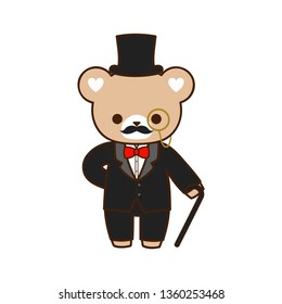 Cute bear in gentleman black suit and hat.