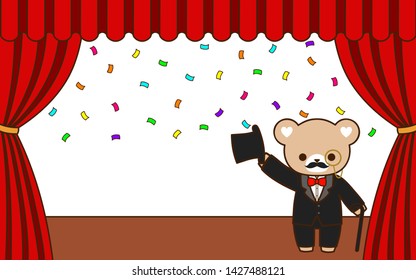 Cute bear in gentleman black suit and hat on the stage with velvet curtains.