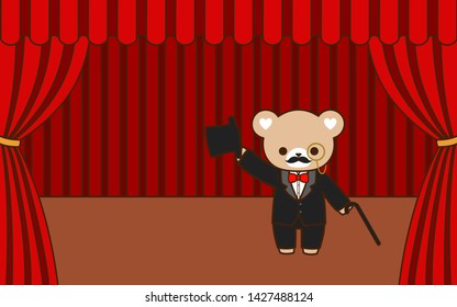 Cute bear in gentleman black suit and hat on the stage with velvet curtains.