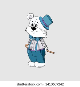 Cute bear gentleman cartoon hand drawn vector illustration. Can be used for t-shirt print, kids wear fashion design, baby shower invitation card