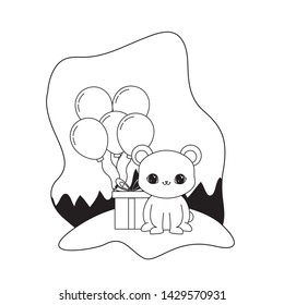 cute bear with gift box and balloons helium