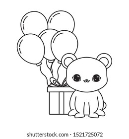 cute bear with gift box and balloons helium vector illustration design