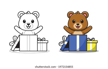 Cute bear in gift box cartoon coloring pages for kids