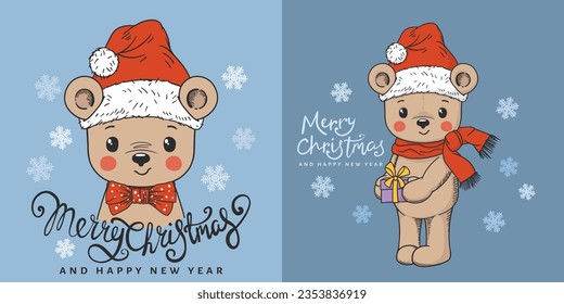 Cute bear with gift box and Santa Claus red hat. Christmas card. New Year. Season's Greetings