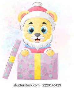 Cute bear in a gift box with watercolor illustration