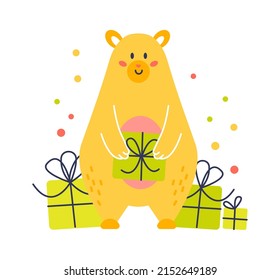 Zieh Bär mit Geschenkbox. Kinderliches Design. Vektorgrafik