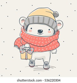 Cute bear with a gift cartoon hand drawn vector illustration. Can be used for t-shirt print, kids wear fashion design, baby shower invitation card.