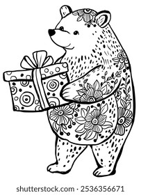 Cute Bear with a Gift Pattern Linear Drawing Coloring Book Folklore Folk Illustration