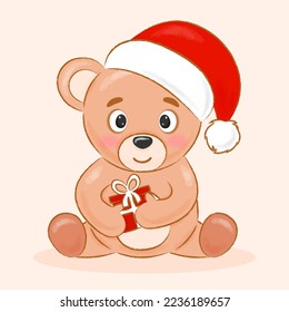 cute bear with a gift and a santa claus hat vector