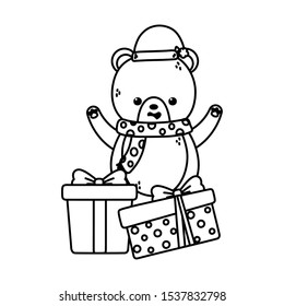 cute bear with gifts scarf and hat merry christmas vector illustration thick line