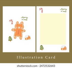 cute bear ginger cookie with candy cane, illustration Christmas minimal frame card.