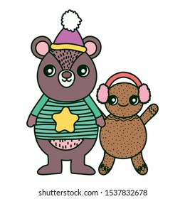 cute bear and gingerbread man with hat ear muffs sweater merry christmas vector illustration