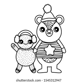 cute bear and gingerbread man with hat ear muffs sweater merry christmas vector illustration thick line